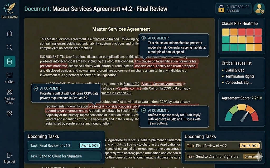 AI-assisted document review interface showing automated contract analysis