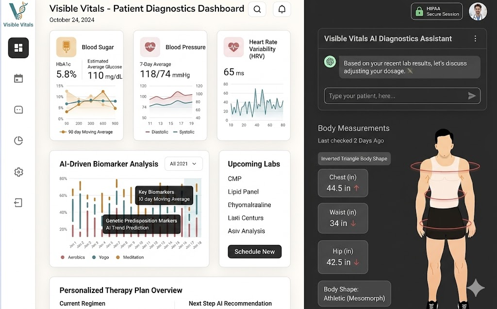 Patient diagnostics dashboard showing biomarker monitoring and AI-generated care insights